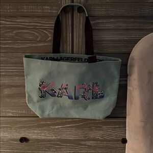 Karl Lagerfeld Paris Aqua / Pink / Blue Canvass Tote with Karl & Cat & F…